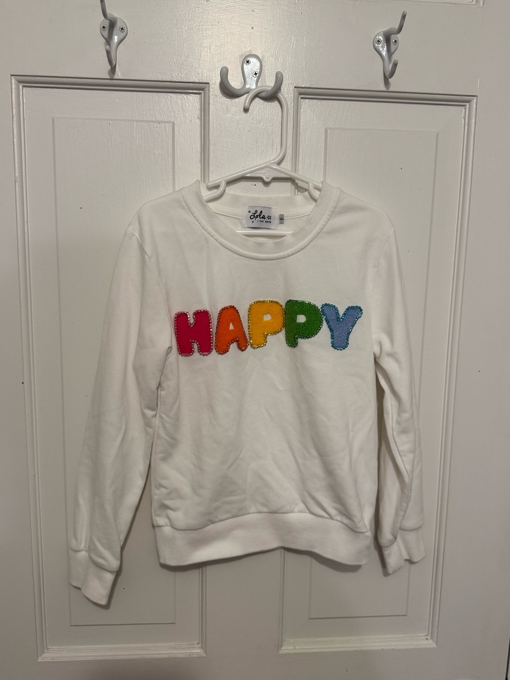 Lola & The Boys White Happy Rainbow rhinestone crewneck